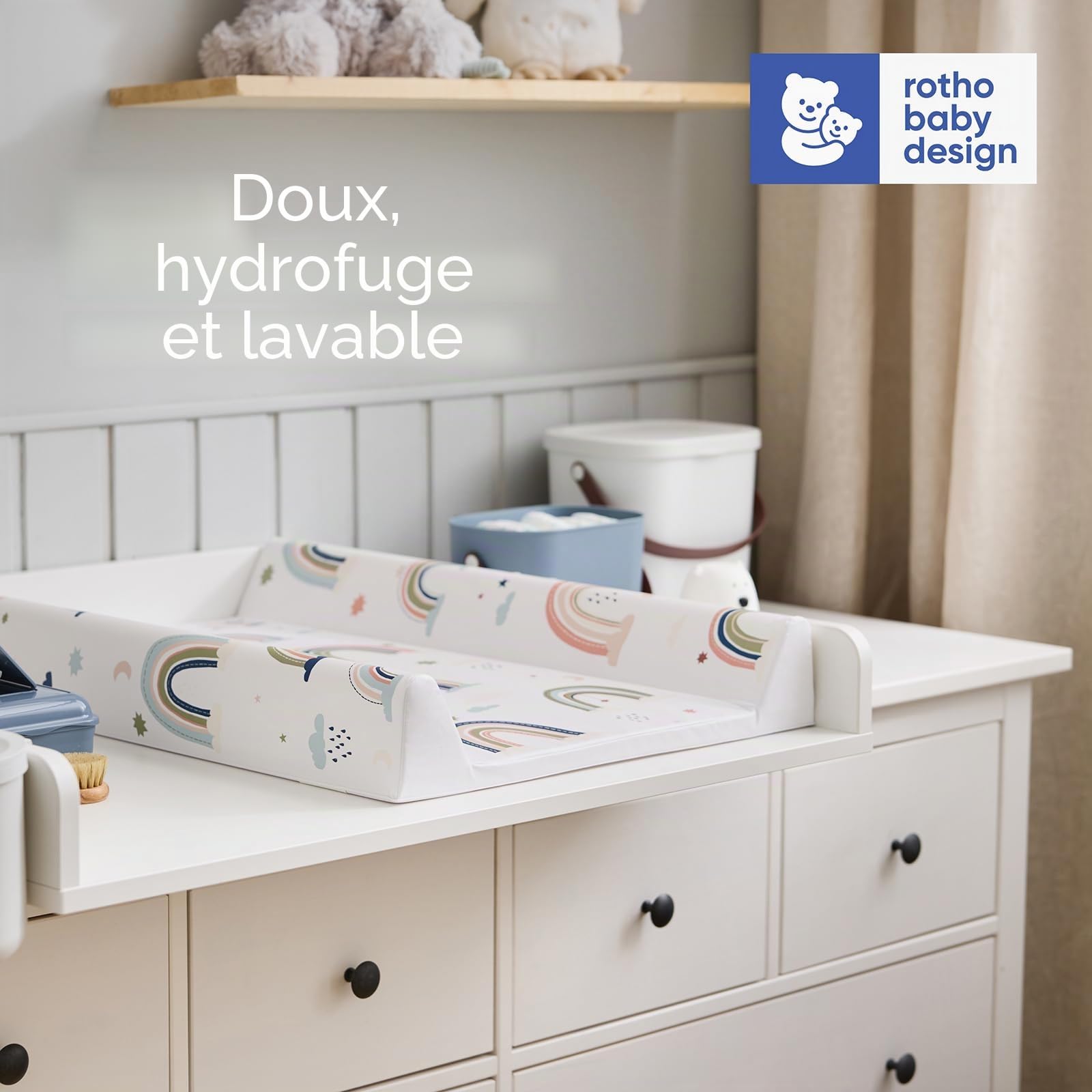 Rotho Babydesign Matelas à langer en forme de cale (50 x 70 cm) - matelas à langer - housse pour table à langer - lavable - tapis à langer - imperméable - motif Boho Rainbow