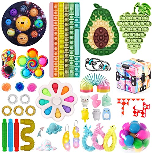 27pcs Fidget Packs Fidget Toys Pack with Big Keyboard Rainbow Sensory Pop Tube Spring Pad Ball Simple and Dimple Spinner Fidget Pack Cheap Fidget Toy Set (27pcs Fidget Packs 4)
