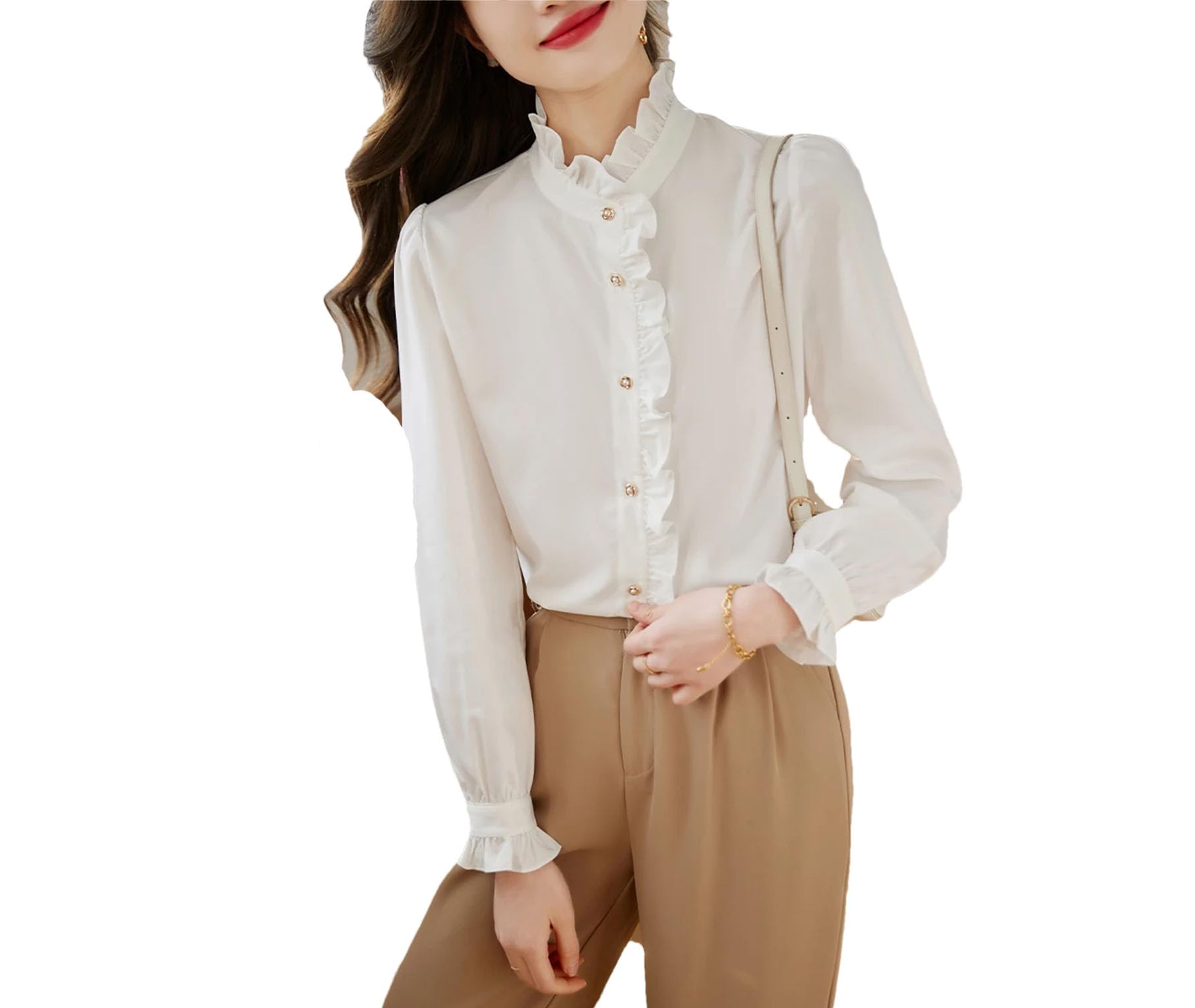 Blusa de gasa de manga larga con volantes para mujer, color liso, informal, con botones, para oficina o trabajo
