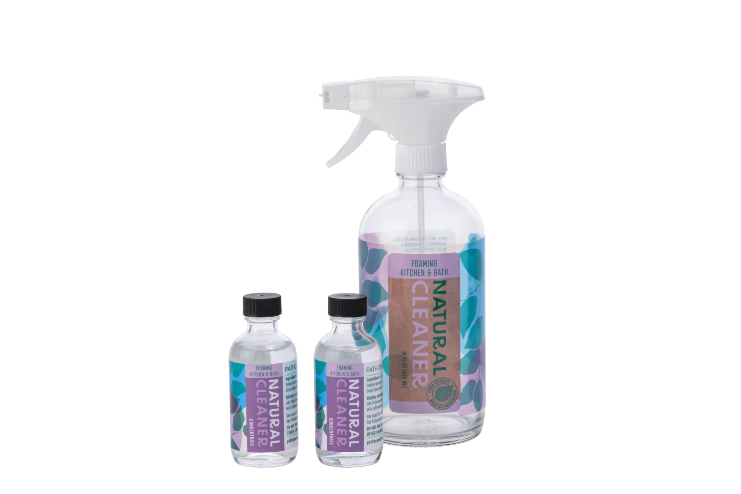 Kitchen and Bath Cleaner, Concentrate, Natural Household Cleaning Supplies, Natural Cleaner, Foaming Cleaner, 2-2oz Unscented concentrate refills, 16oz glass spray bottle (empty)