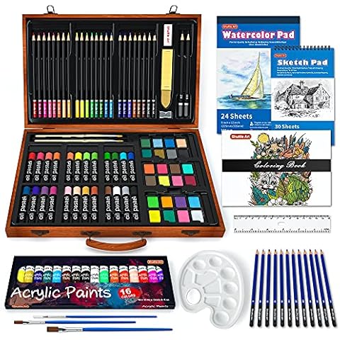 118 teiliges fortgeschrittenes Malset von Shuttle Art mit einem Holzkoffer, gehören Acrylfarbe, Farbblei, Ölpastell, festes Aquarell, Malbuch, Aquarellbuch, Skizzenbuch Cover