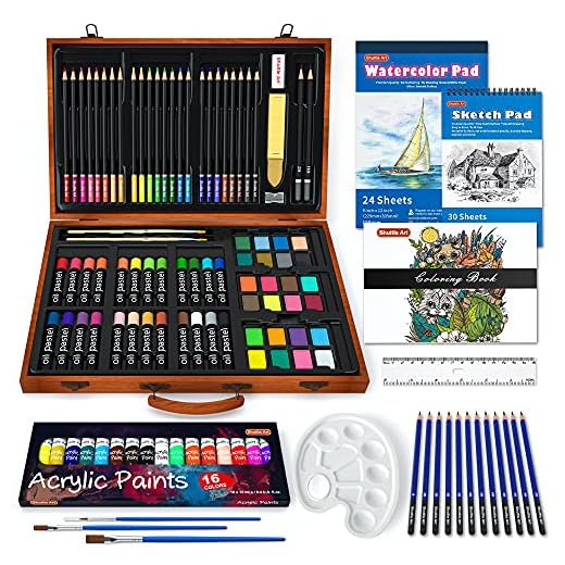 Juego de arte, 115 piezas Shuttle Art Art Supplies en estuche de madera, kit de dibujo de pintura con pintura acrílica Lápices de colores Pasteles al óleo Tartas de acuarela Libro para colorear Bloc