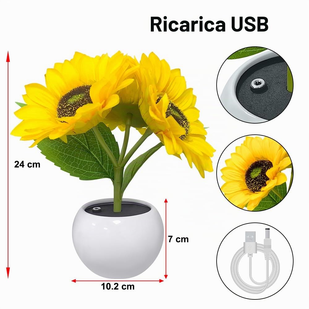 Lampada da Tavolo Girasole con Vaso in Ceramica Simulazione Fiore Luce d'Ambiente USB Ricaricabile Ornamenti per La Casa Soggiorno Matrimonio Desktop Decor