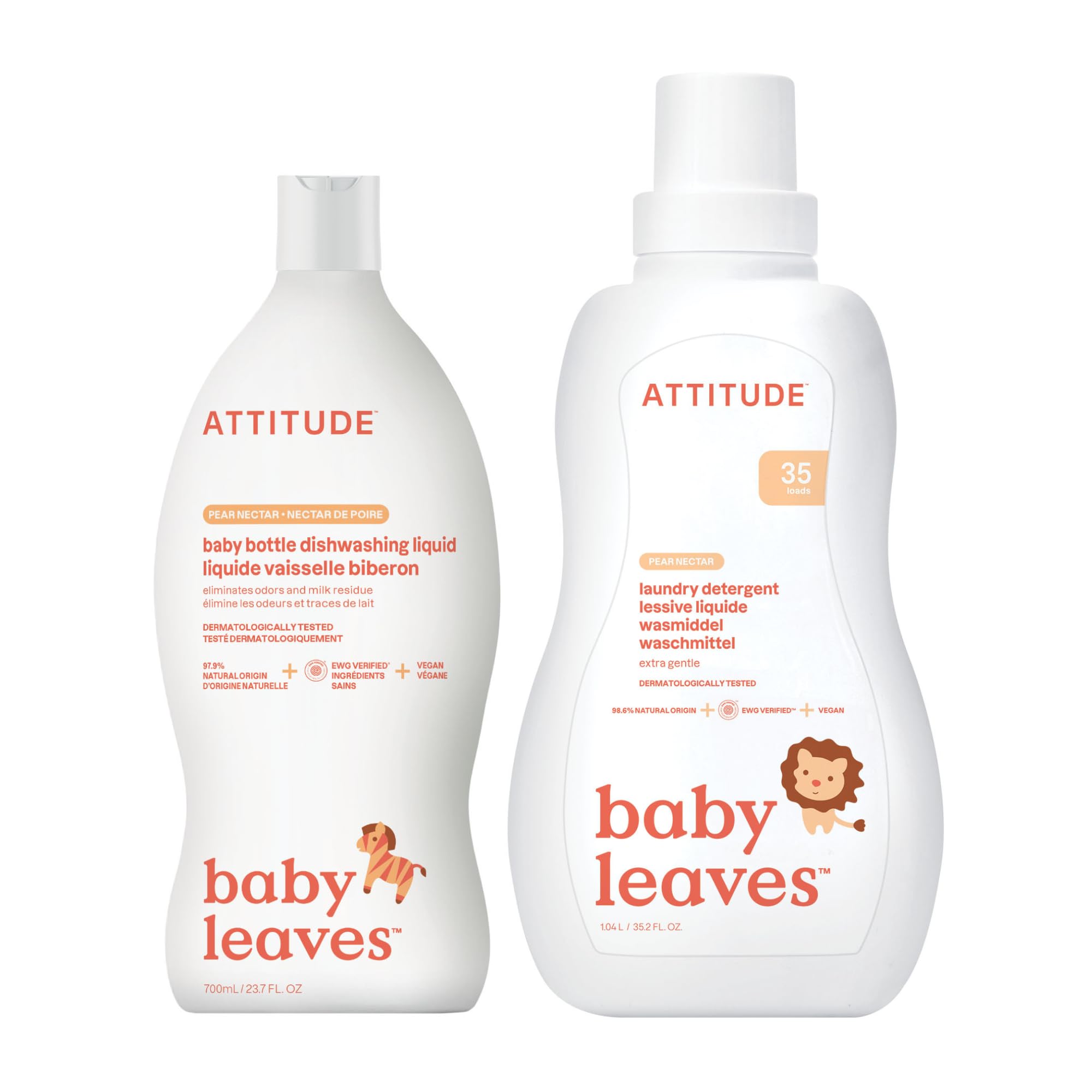 Bundle of ATTITUDE Baby Dish Soap and Bottle Cleaner, EWG Verified, Pear Nectar, 23.7 Fl Oz + Baby Laundry Detergent, HE Compatible, Pear Nectar, 35 Loads, 35.5 Fl Oz