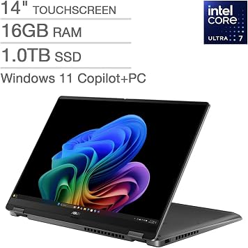 ASUS Vivobook Flip 2in1 14 OLED Touchscreen Copilot+ PC, Intel Core Ultra 7 256V Processor, 16GB RAM, 1TB SSD, Backlit Chiclet Keyboard, Thunderbolt 4, Windows 11 Pro