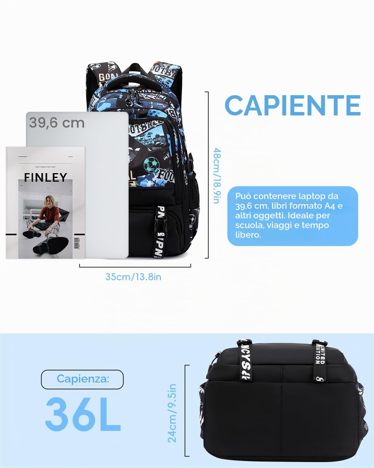 Tanou Zaino Scuola Media e Superiore, Zaini Ragazzo da Calcio | Zaino Casual per Adolescenti Ragazzi 12-19 anni, Grande Capacità in Nylon per la Scuola Viaggio, Nero/Blu