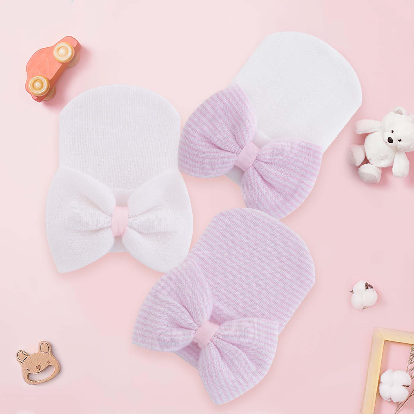 CoolShef 3Pcs New Born Baby Cap Set – Soft Cotton Beanie Cap with Big Bow – Baby Caps for Born 0-12 Months for Girls – Comfortable, Stretchy and Adorable Infant Hats Multicolour