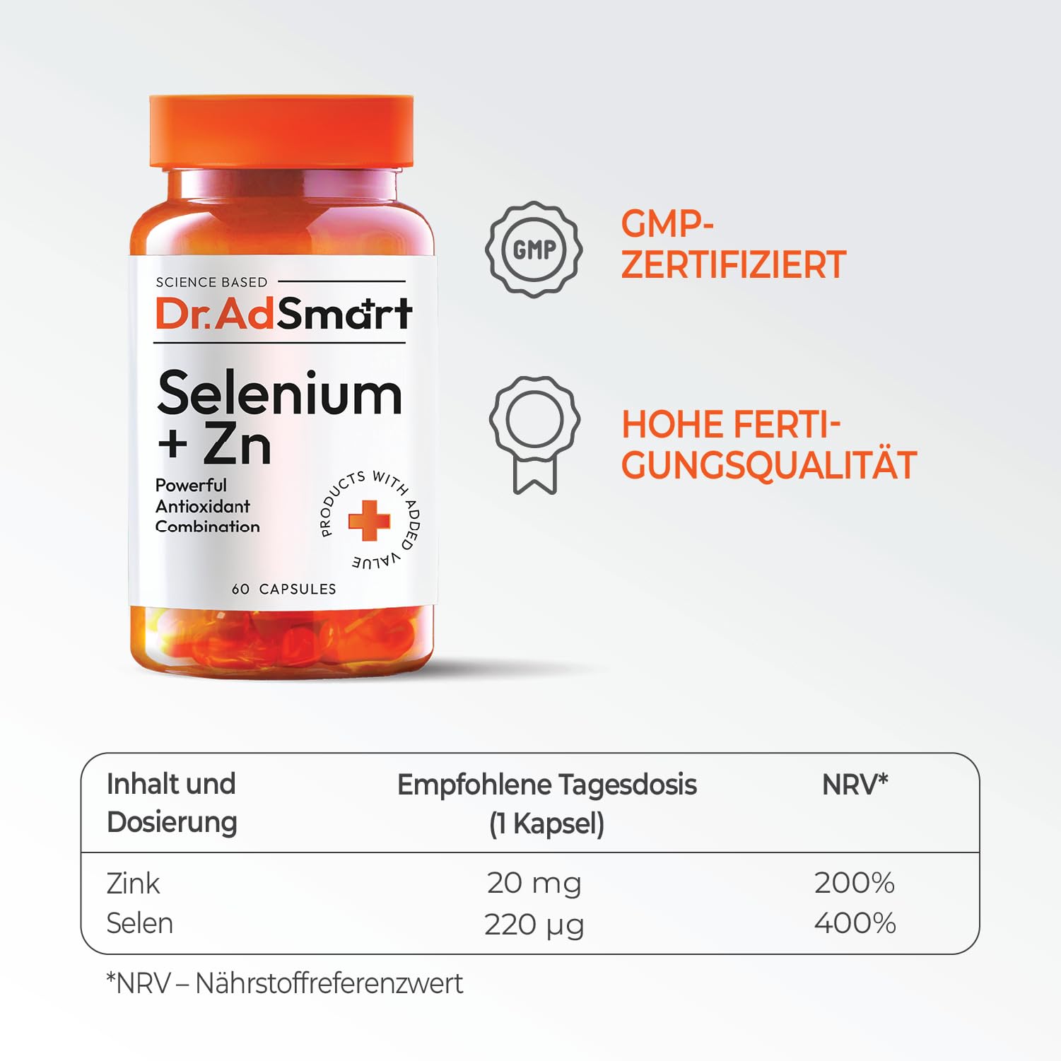 Selen + Zink - Hochdosiert 220 µg Selen mit 20 mg Zink - 3er-Pack - Aus Selenhefe - Für Immunsystem & Haut Haare Nägel - 180 Kapseln - Laborgeprüft - Dr.AD Smart - GMP Qualität