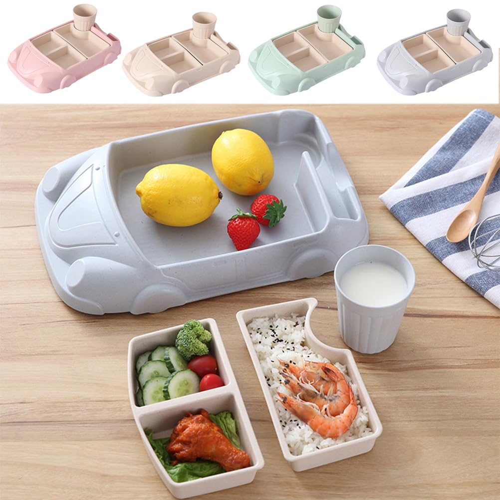 VICASKY Bamboo Dinnerware Sets - Dishwasher/Microwave Safe Includes Beautiful Plate, Separable Bowls & Cup Food Tray with Water Cup Car-shaped Dinner Tray