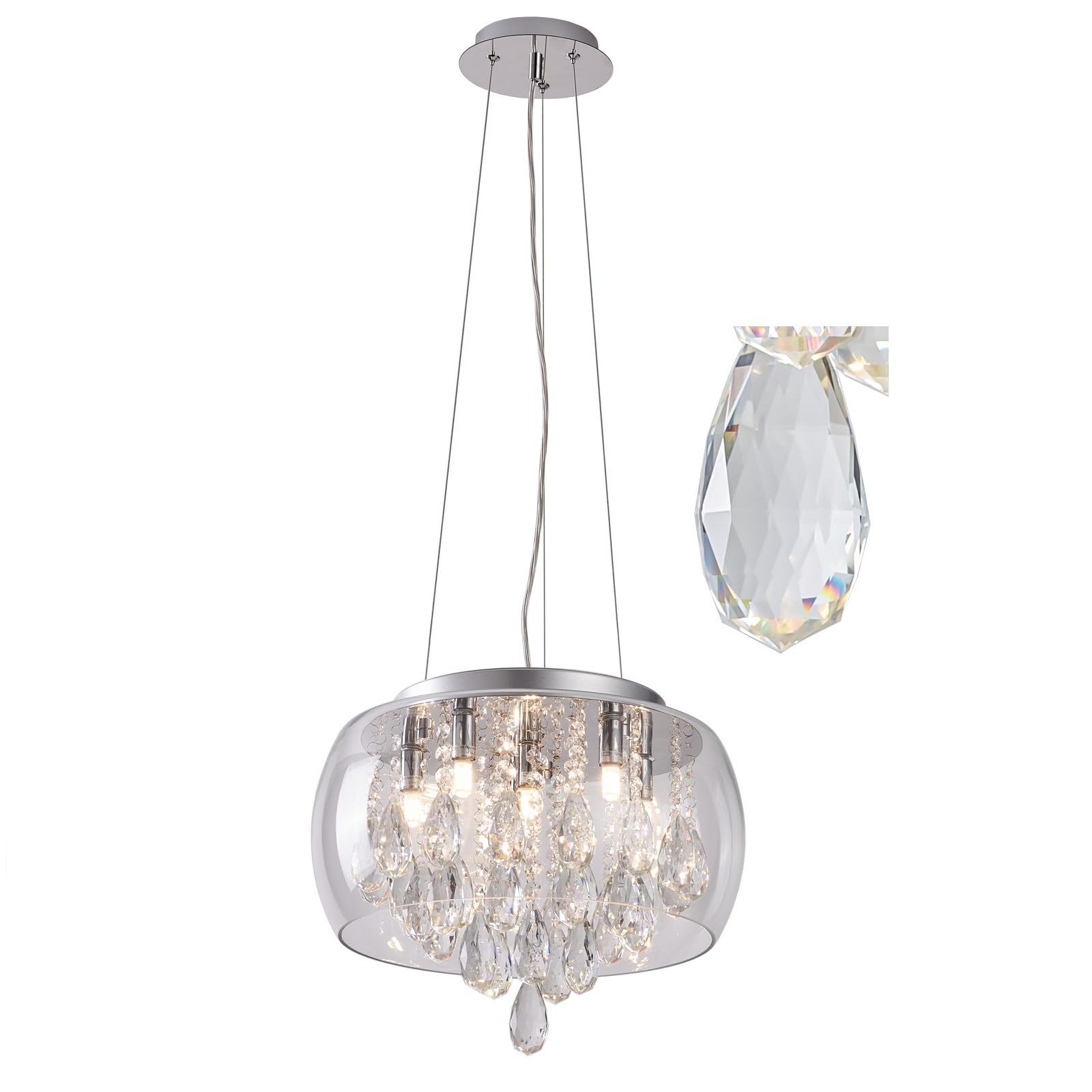 HARPER LIVING 6-Light Crystal Chandelier, Dimmable Semi Flush Ceiling Light with Clear Crystals for Dining Room Bedroom Hallway - Dia 40cm Adjustable Height 43-200cm, G9 Base (No Bulbs)