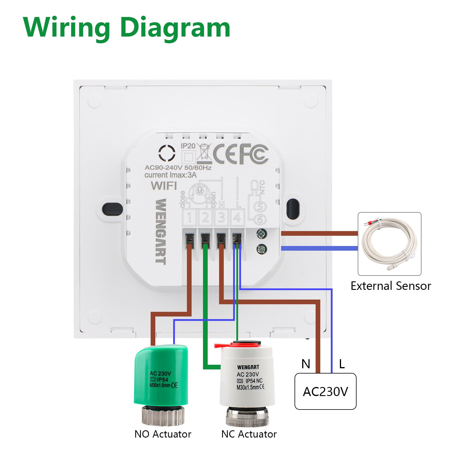 Wengart Smart WiFi Raumthermostat für Eigenheimbesitzer mit wasserführender Fußbodenheizung gegen Energieverlust beim Lüften mit umschaltbarem Heizen/Kühlen-Modus und großem Drehknopf