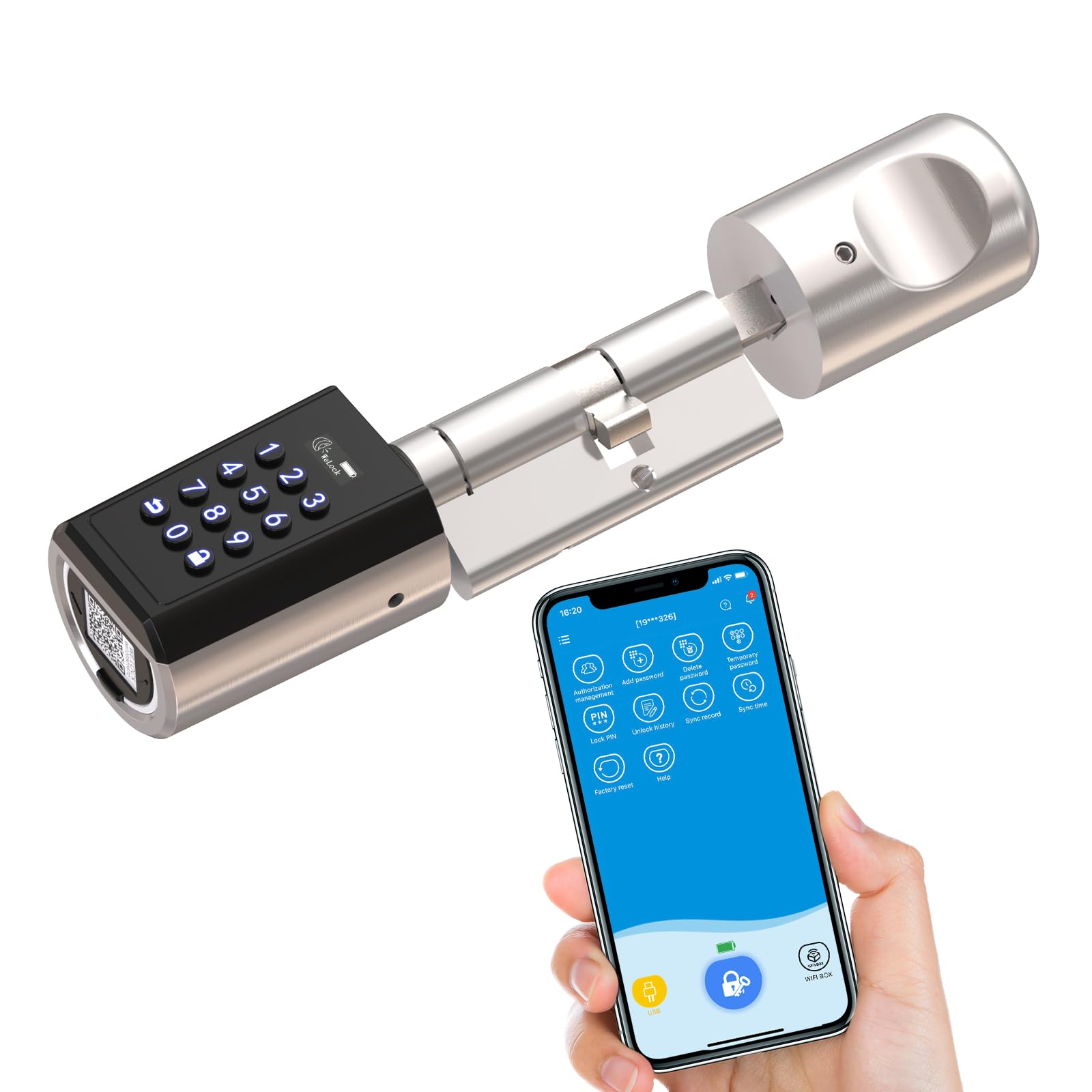 RUILON Serrure connectee porte entree PBL - IP65 Cylinder à code 40x30 | Serrure electronique 5 min d'installation facile, Bluetooth APP Commande, portes 50-100 mm, Code temporaire personnalisable