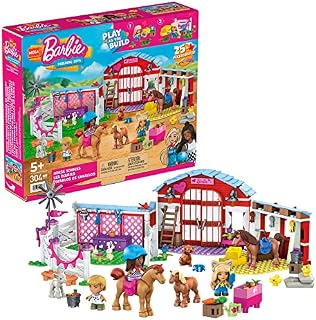 MEGA Barbie Horse Stables building set with 304 pieces including accessories and 3 micro-dolls, toy gift set for ages 5 and up -