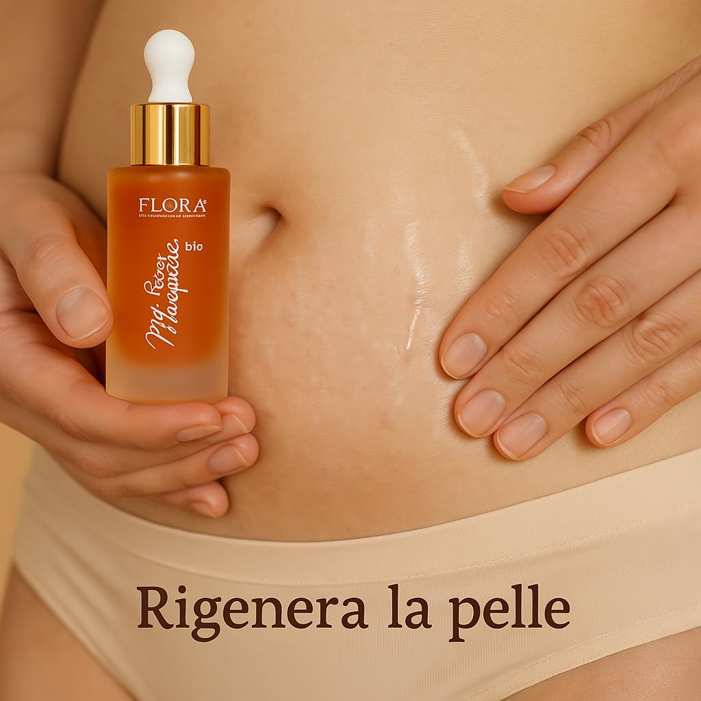 FLORA Olio di Rosa Mosqueta BIO pack da 2 Pz da 30 ml 100 % Puro, Spremitura a Freddo, Elisir Anti‑Età Elasticizzante per Viso •Corpo, Ricco di Vitamina A & E e Omega 3‑6‑9, Riduce Cicatrici e Macchie