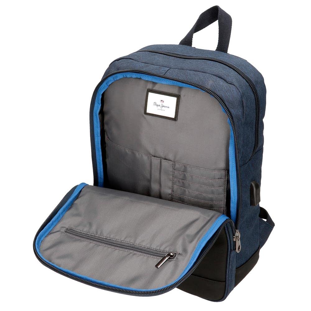 Pepe Jeans Fenix Mochila para Portátil Doble Compartimento Adaptable 15,6" Azul 28x40x14 cms Poliéster con detalles en Piel Sintética 15,68L