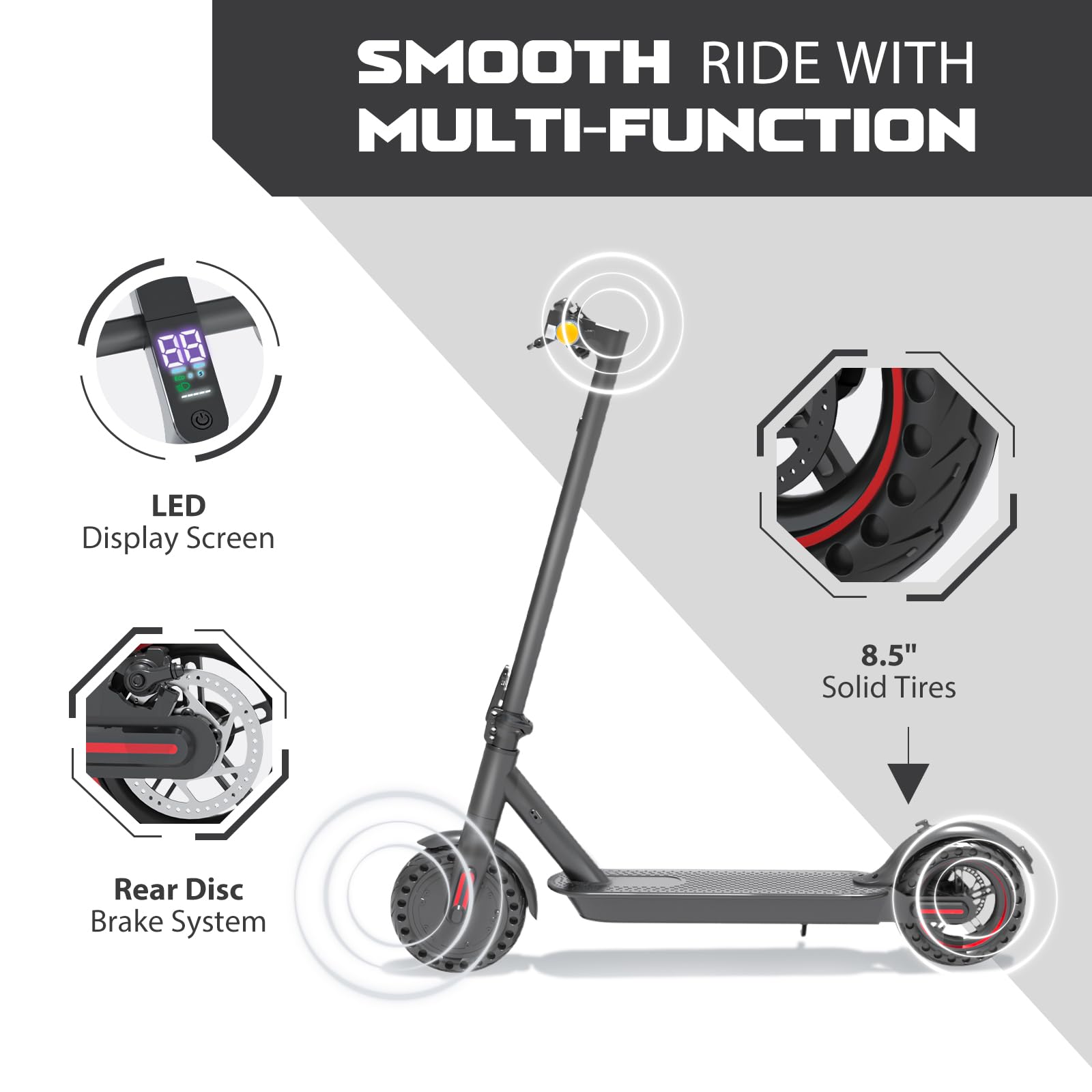 Patinete electrico, Patinete electrico Adultos,Motor de 350 W, Velocidad máxima de 25 km/h, autonomía de 30 km, Equipada con Pantalla LED, Compatible con App, Sistema de Frenos de Disco.