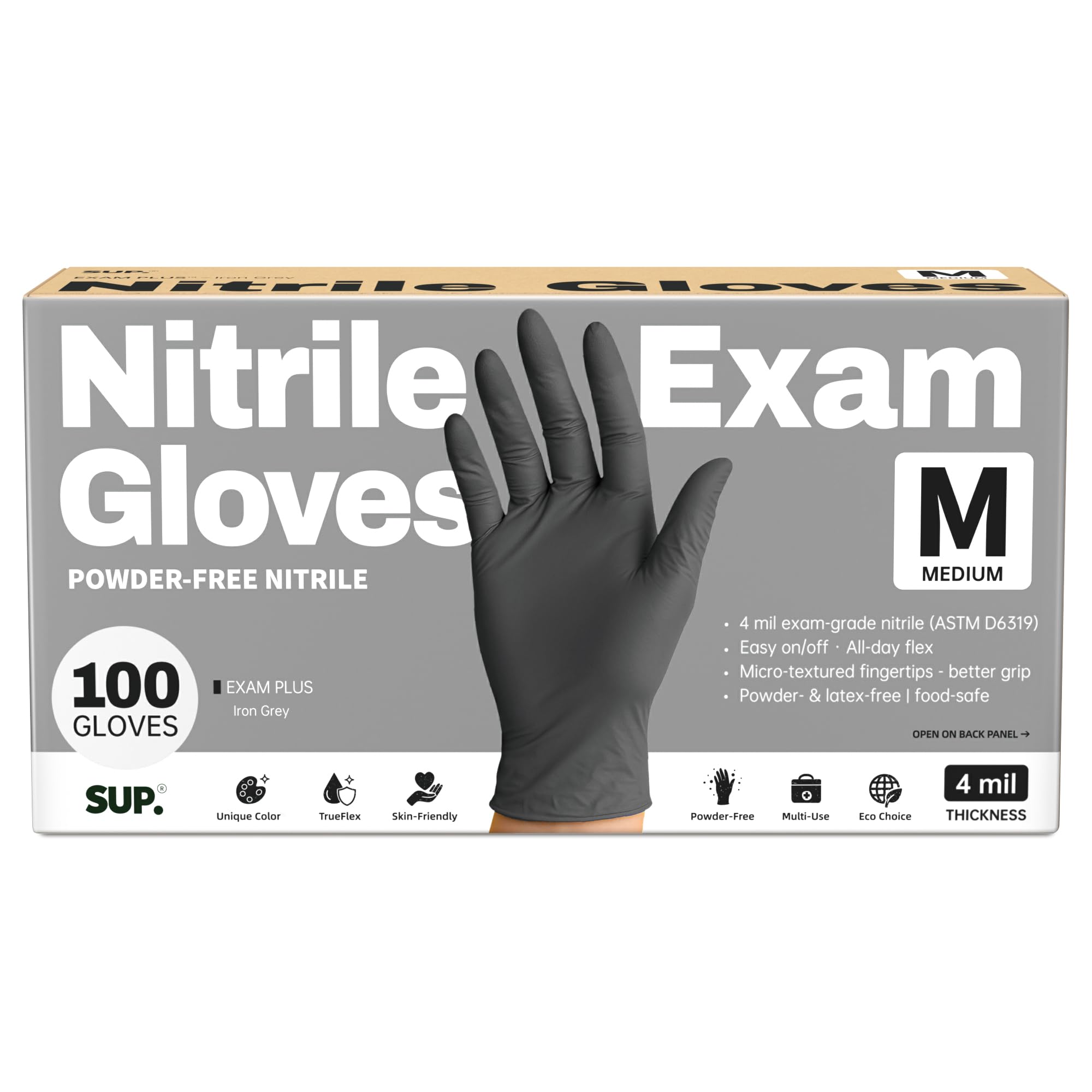 SUP Nitril-Untersuchungshandschuhe, puderfrei, latexfrei, lebensmittelecht, chemobewertet, unsteril, Einmalhandschuh, eisengrau, 100 Stück (Medium)