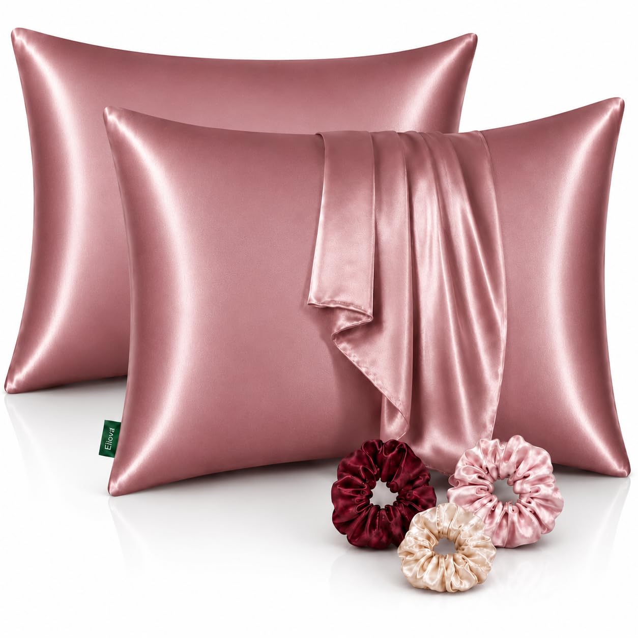 Eliova Set of 2 Satin Silk Pillow Covers for Hair & Skin – 3 Free Satin Scrunchies Included – Soft Cooling and Anti-Wrinkle 800 TC Pillowcase Set | Satin Pillow Covers for Skin (Rose Taupe)