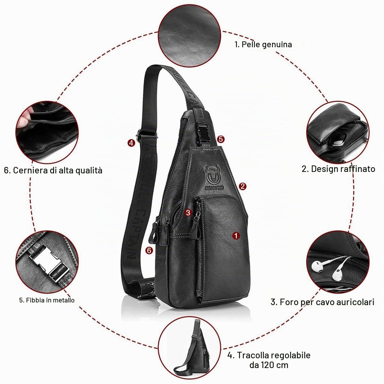 BULLCAPTAIN Sling Bag Borse a Spalla Pacco Petto Vera Pelle Uomo, Borsello Tracolla Uomo Borsa a Tracolla borsello Pacco Petto Vera Pelle Borsa Borsetta a Spalla/Zaino Monospalla/Borsa Messenger Bag