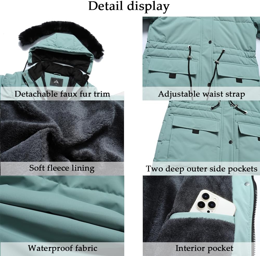 MOERDENG Women's Warm Winter Puffer Coat Thicken Fleece Lined Down Jacket Faux Fur Detachable Hood Snow Parka - Image 4