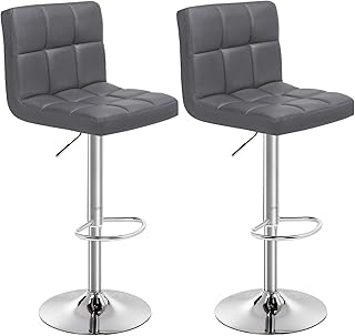 SONGMICS Taburete de Bar Juego de 2, Sillas de Bar Regulables en Altura en Piel Sintética, Taburete de Cocina Giratorio en 360° con Respaldo y Reposapiés, Acero Cromado, GrisOscuro LJB64GYZ