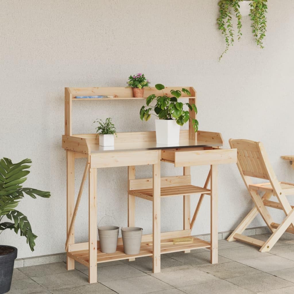 Rantry Tavolo per piante da giardino, tavolo da giardinaggio, in legno massiccio, con ripiani e cassetto, tavolo da lavoro da giardino, piano di lavoro zincato, in legno massello di abete