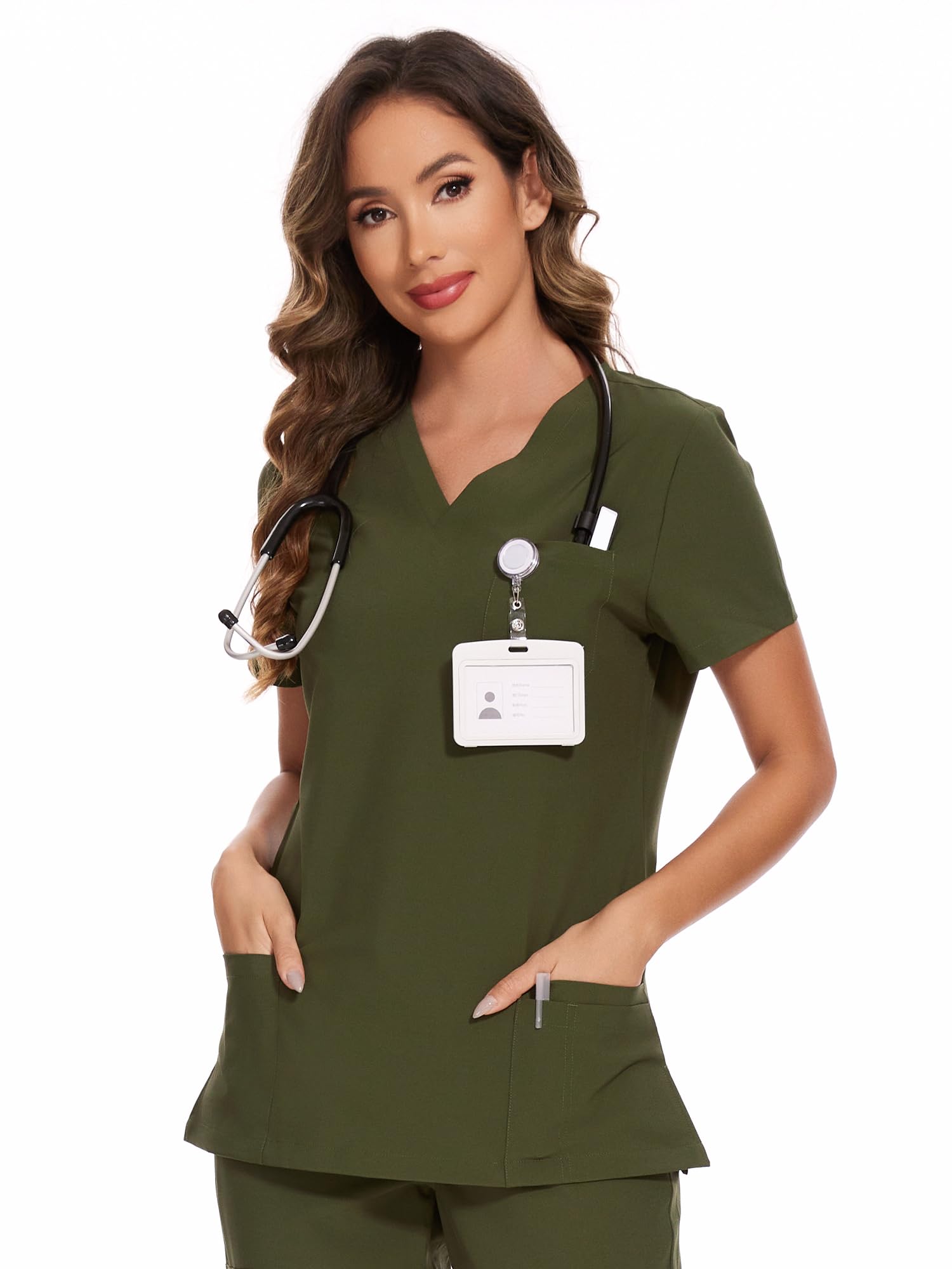 COZYFIT Scrub Tops for Woman - Soft Stretch, V-Neck Top Scrubs with 3 Pockets, Easy Care for Women Olive Green