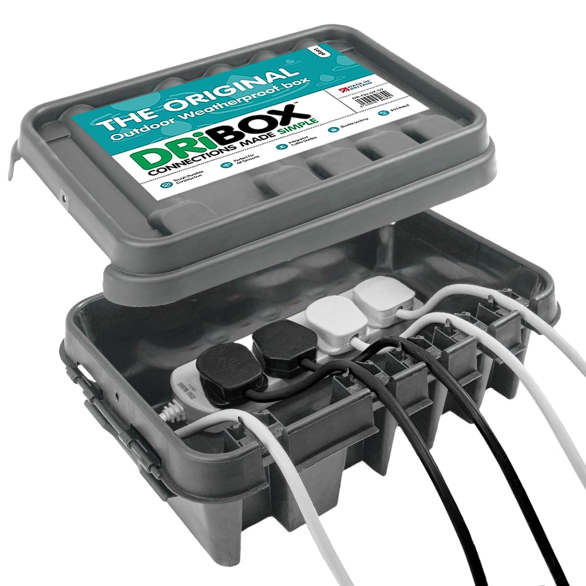 DRiBOX โ Medium IP55 Weatherproof Outdoor Electrical Connection Box 34 x 22 x 11.7cm โ Power Cord Enclosure for Christmas Lights, Timers, Extension Cables, Leads, Reels, Transformers (Medium, Grey)