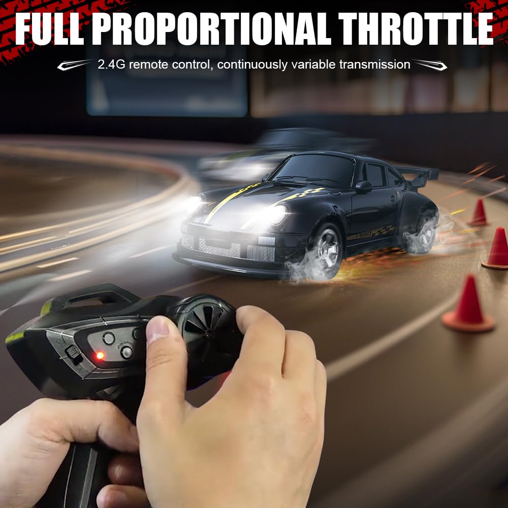 RC Drift Car, 1:64 Mini Macchina Telecomandata Drift con Faro LED, 4WD Drift Car con Sterzo Proporzionale, Macchinina Telecomandata Drift, Macchina da Drift per Adulti, Nero