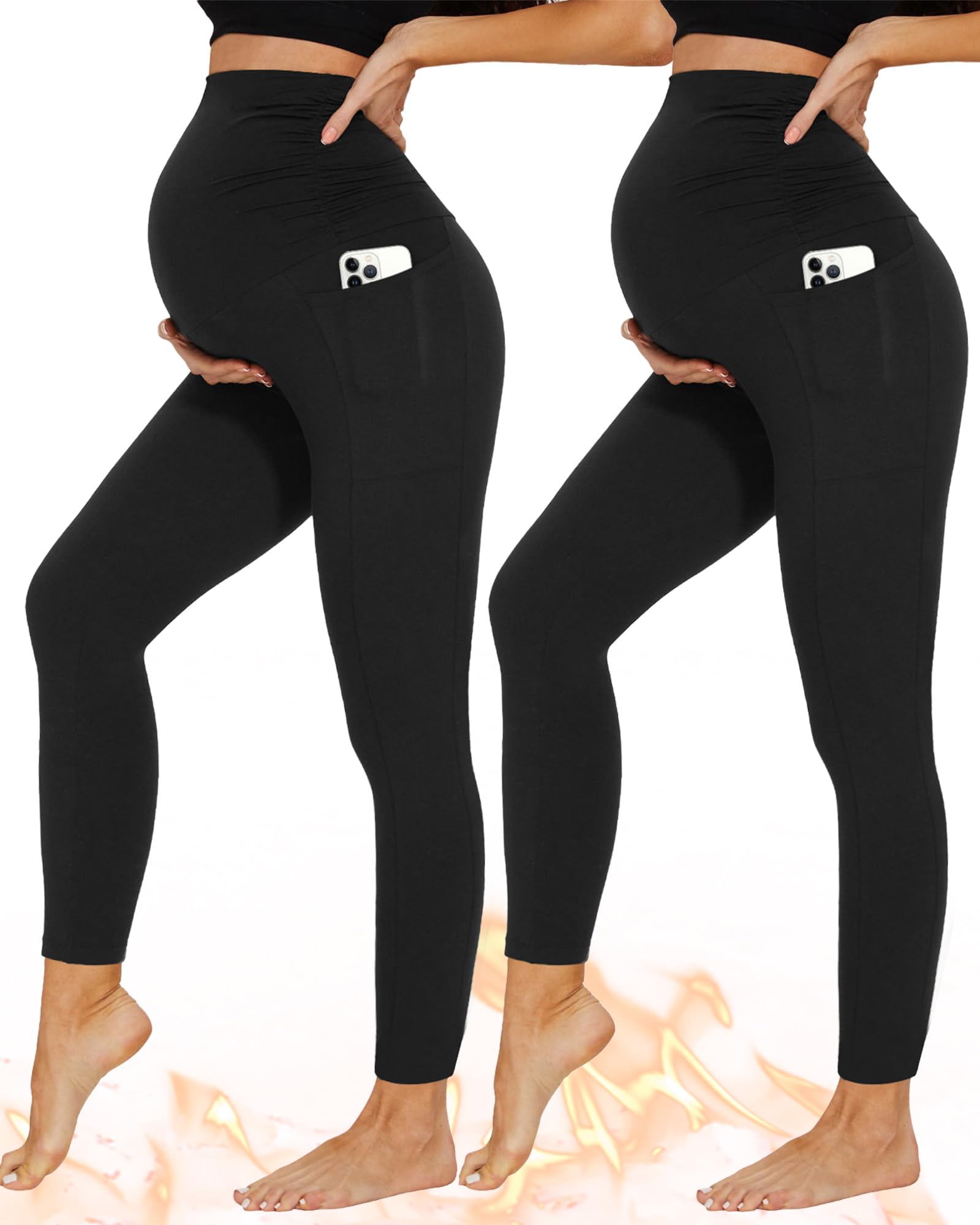 DDOBB 2 Pack Maternity Leggings Over Bump with Pockets High Waist Black Soft Belly Support Stretchy Pregnancy Pants Yoga Workout Pajama Trousers — view 8