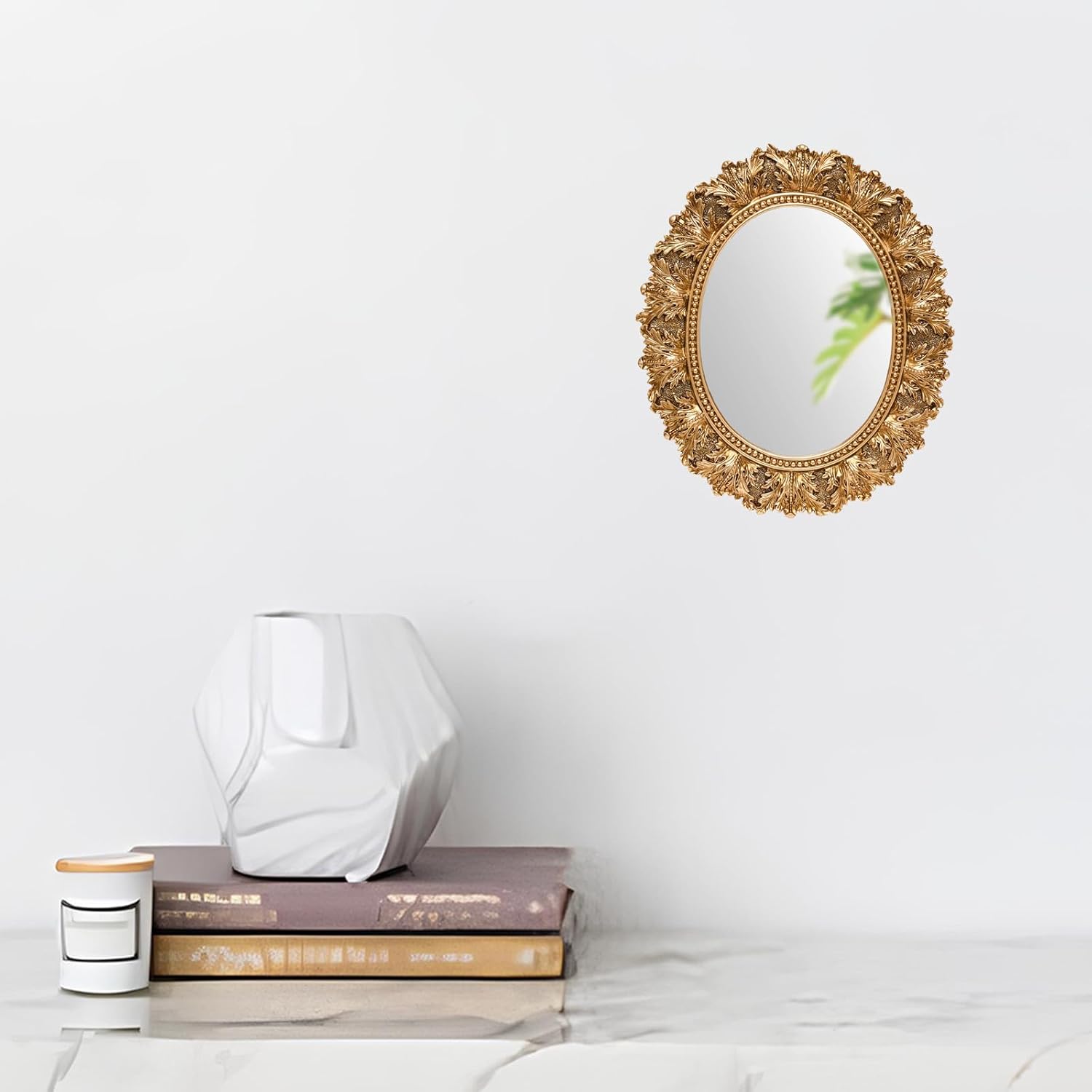 JANDERART Small Oval Vintage Mirror 12.5x10.5 Inch, Antique Ornate Decorative Mirror for Desk & Wall, Vanity Mirror for Makeup, Gold