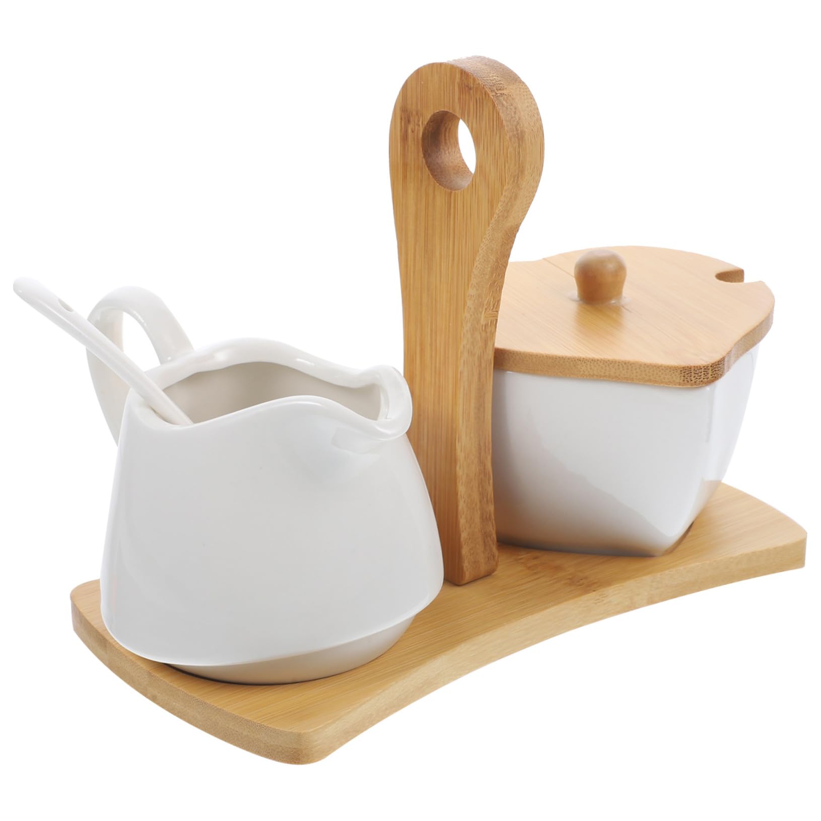 Garneck Juego de Azucarero y Jarra de Crema de Cerámica con Bandeja de Bambú y Cuchara para Cocina en Casa y Hotel Diseño Blanco Simple