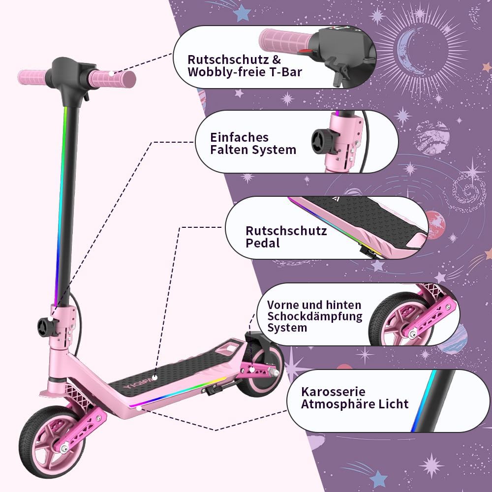 Trottinette Électrique Enfant Adolescent Tout-Terrain, Double Suspension Avant Arrière, 16km/h Vitesse Max, 10km Autonomie, Pliable et Légère Moteur 110W, pour Enfants 8-16 Ans (Rosa)