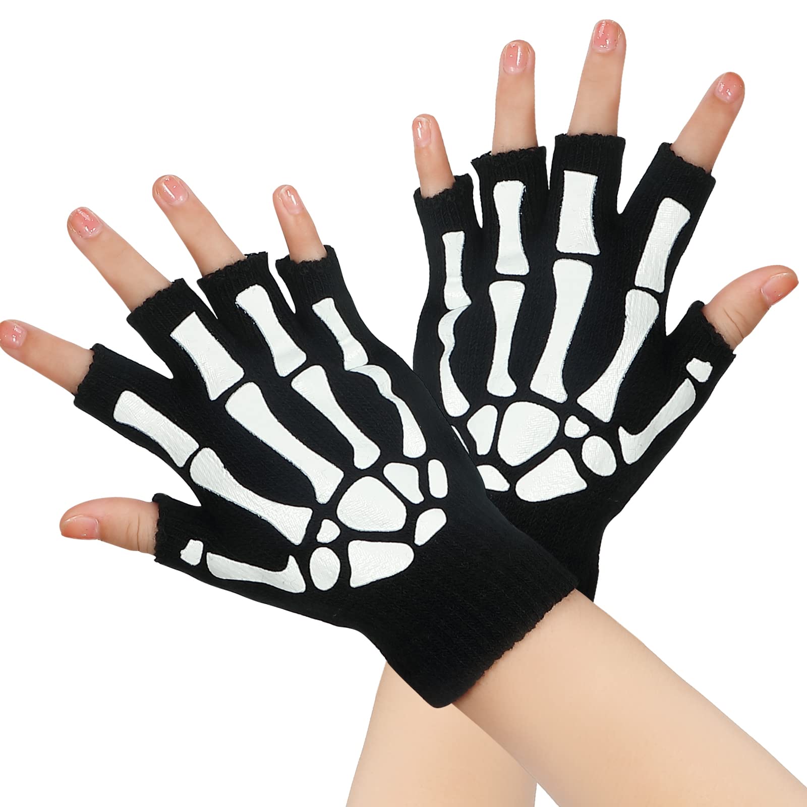 Boyiee 3 works Skeleton Gloves Fingerless Bone Gloves Glow in the Dark Knitted Mechanic Luminous Winter Warm Gloves for Adult Halloween Costume(Adult) - Image 4