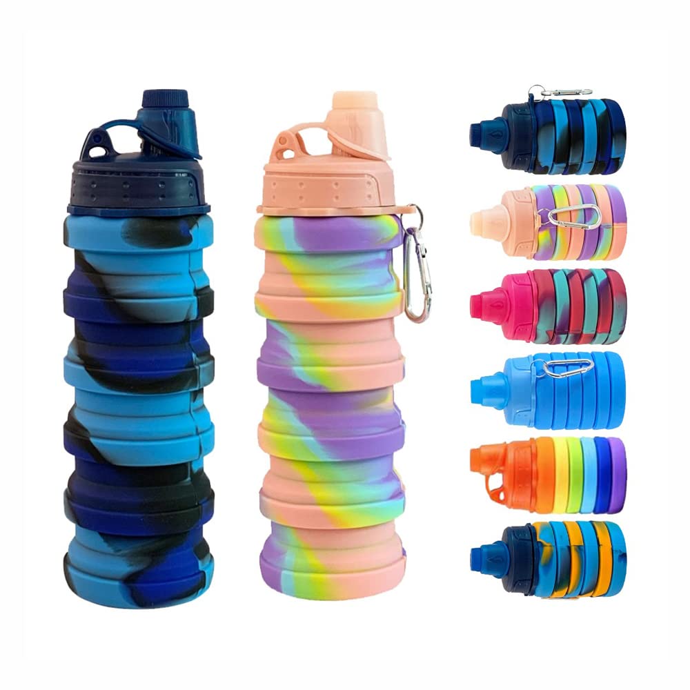 konlongzan Collapsible Water Bottles 2 pack Travel Water Bottle 500ML（ Blue Camouflage + Pink