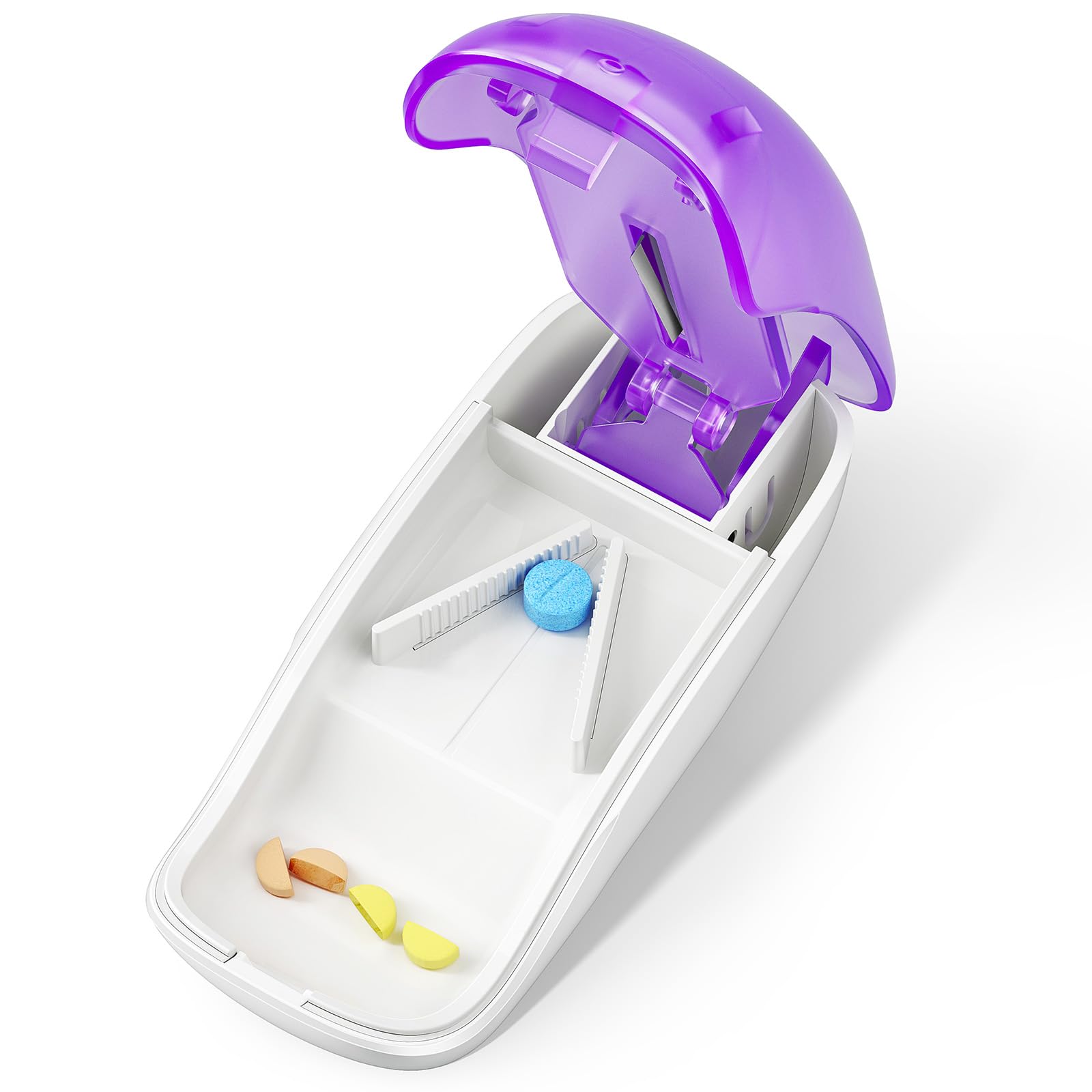 Pill Cutter Splitter for Small and Tiny Pills, Pill Cutter for Cutting Vitamins Tablets in Half, Pill Splitter with Blade Guard, Purple