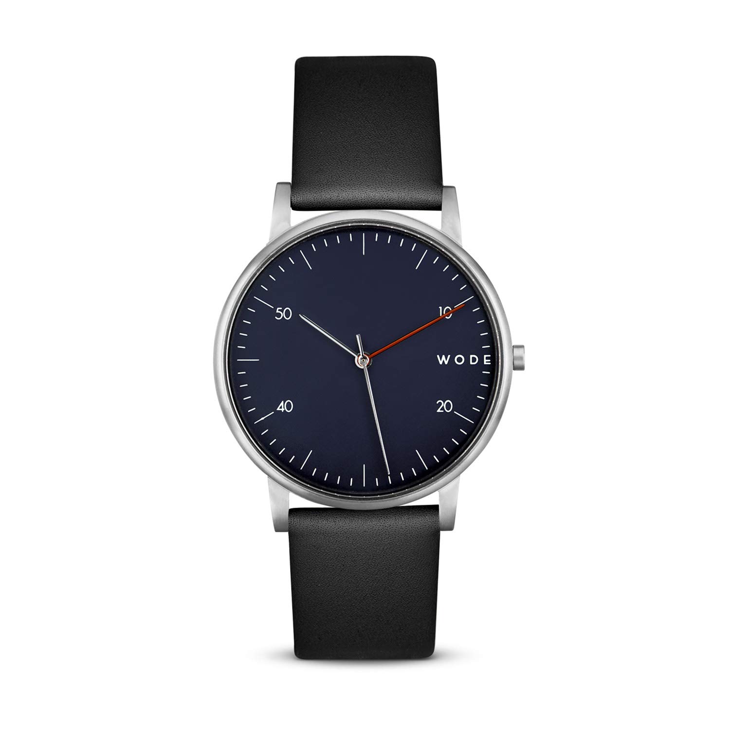 WODEWatch 40mm Silver Case with a Navy Blue Dial Analog Minimalist Wristwatch with Genuine 20mm Tapered Leather Strap