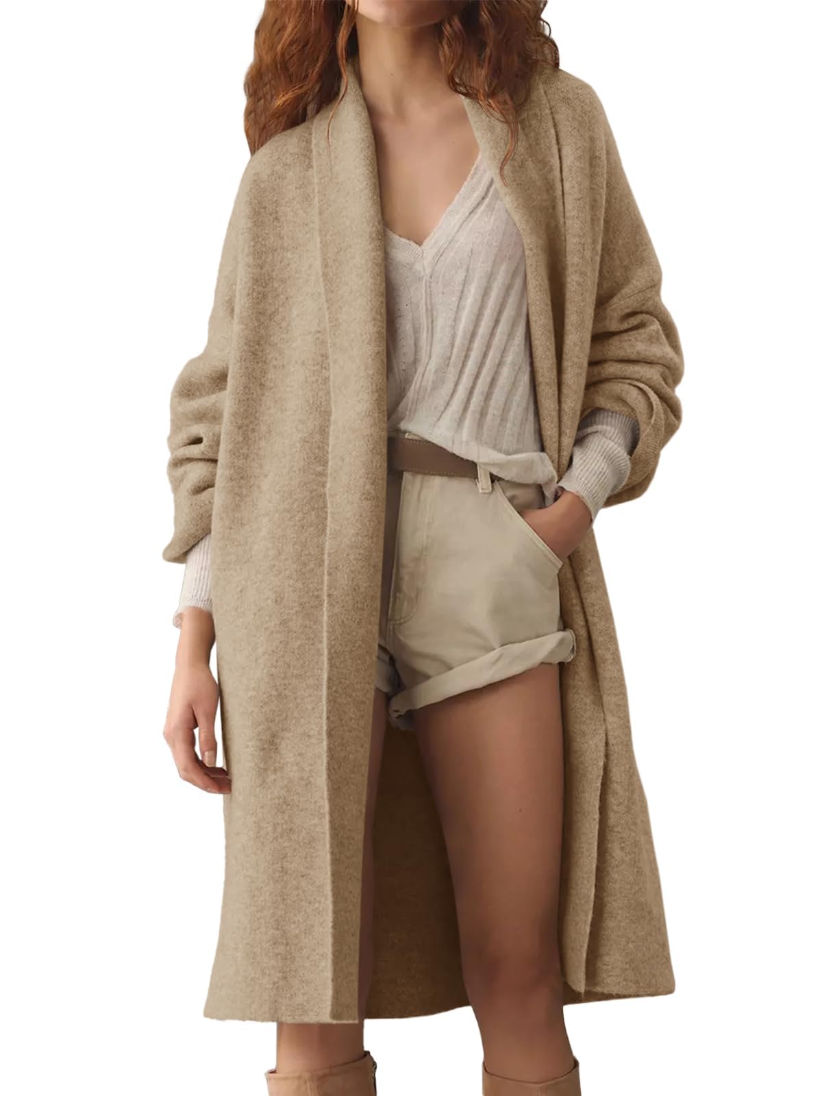 Cicy Bell Langer Damen-Strickjacke, grob, vorne offen, übergroßer Strickmantel, trendig, lässig, Strickjacken