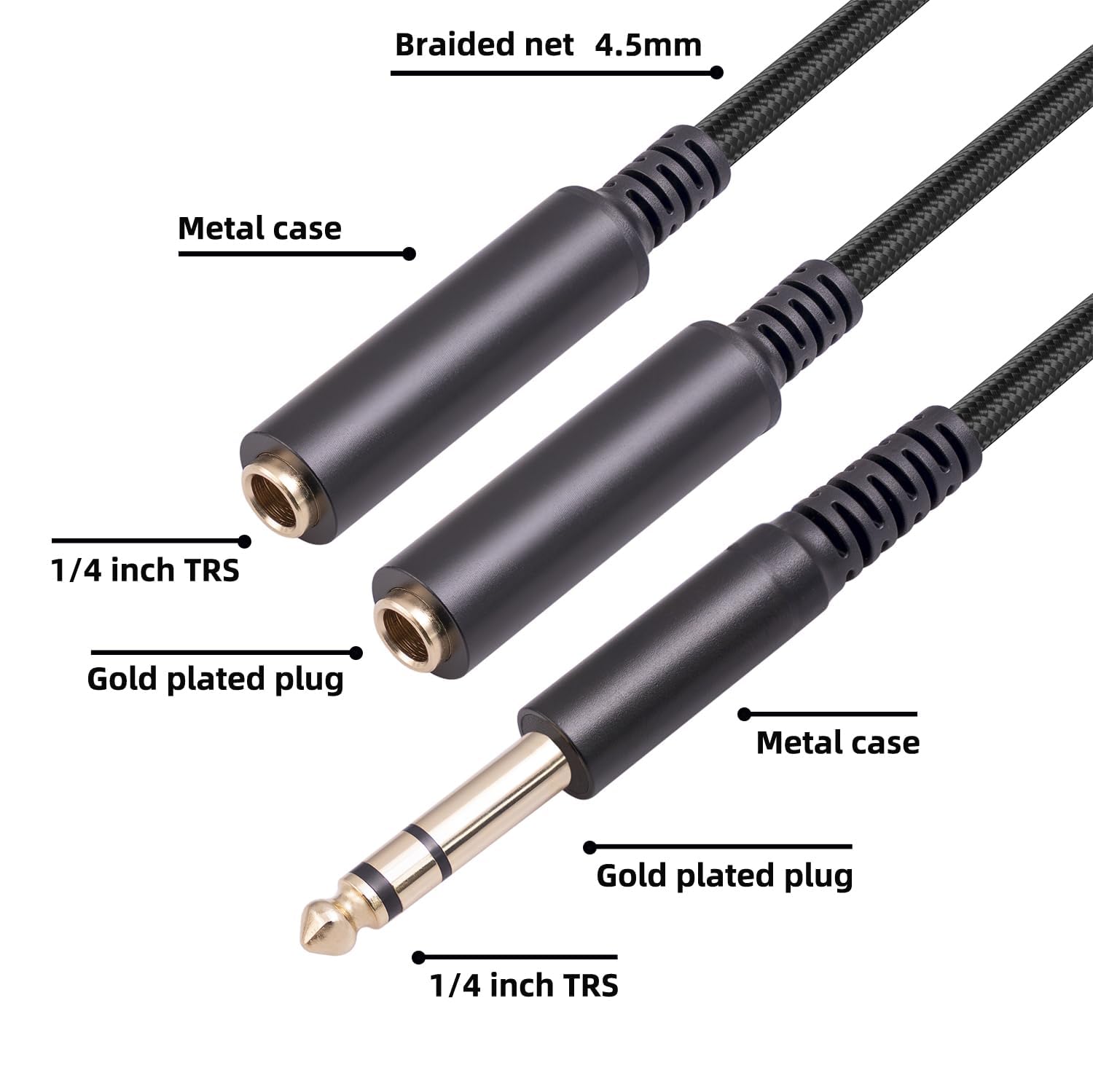Cavo audio stereo TRS da 1/4 per chitarra o mixer con uscita jack, 3 m, confezione da 2, nero, adattatore splitter a Y, cavo da 6,35 mm maschio a doppio jack femmina da 6,35 mm, connettori placcati in