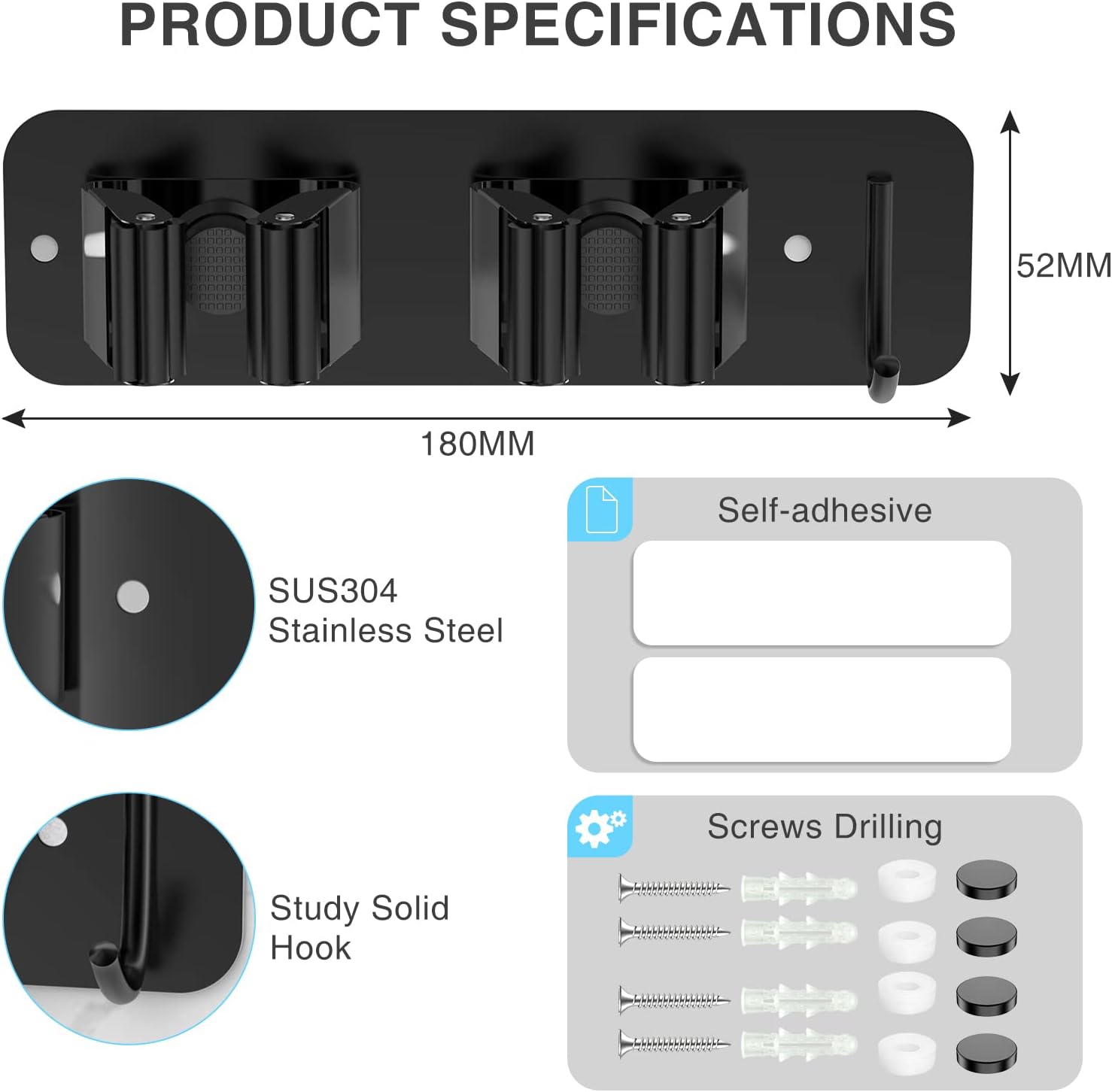 homeasy Wall Mount Mop and Broom Holder, Heavy Duty Stainless Steel Organizer Rack with Hooks | 2-Pack, 2-in-1 No Drill & Screw Installation, Black