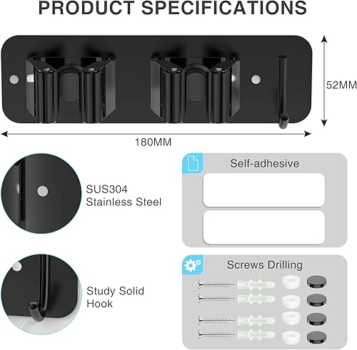 Miniatura 5 de Soporte para escoba de trapeador montado en la pared, acero inoxidable SUS304, organizador de escoba HOMEASY con 2 métodos de instalación (sin