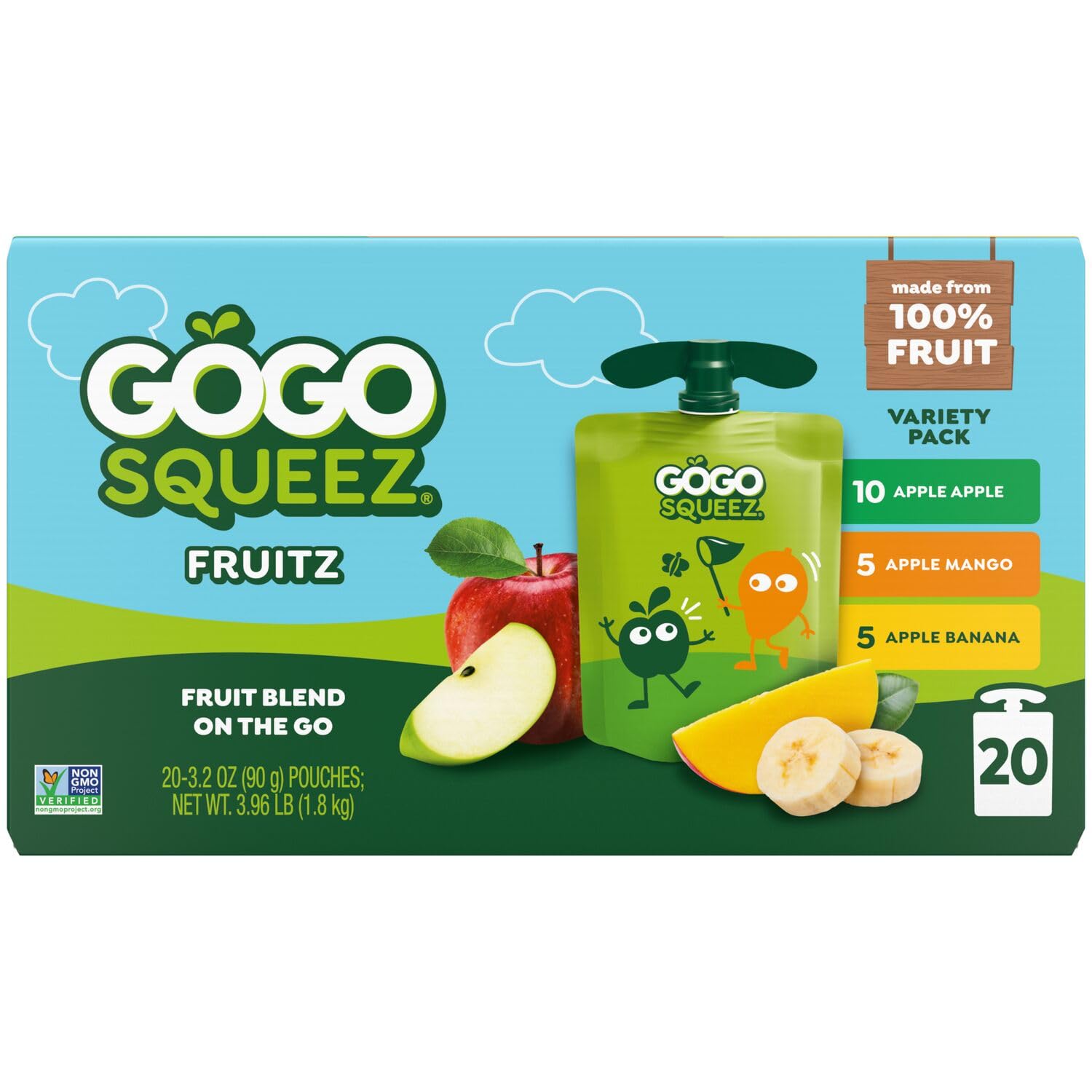 GoGo squeeZ Applesauce and Fruit Puree Variety Pack, Apple, Mango & Banana, 3.2 oz (Pack of 20), Unsweetened Fruit Snacks for Kids, Gluten Free, Nut Free, BPA Free Pouches (Packaging May Vary)