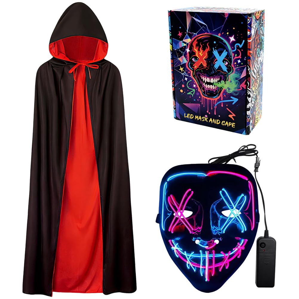 Halloween Cape and Light Up Mask, Vampire Hooded Cloak LED Mask Adult Fancy Dress Costume Masquerade Cosplay Light Up Face Masks Halloween Cosplays Costumes for Cosplay Party Masquerade(Blue,Pink) — image 1