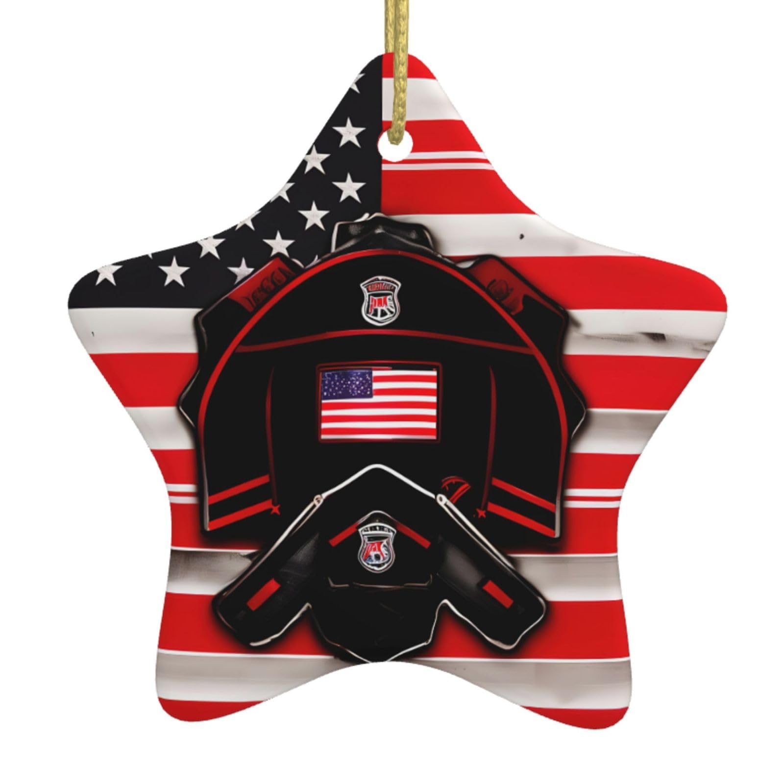 Red Line Firefighter Usa Flag Print Christmas Ornaments, Ceramic Hanging Ornament, Round Shape Decorations