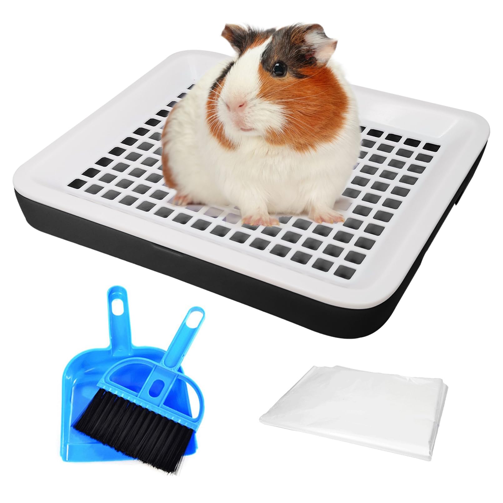 Fhiny Guinea Pig Litter Box, Small Pet Potty Training Chinchilla Bedding Litter Pan with Disposable Cage Liners & Cleaning Broom Cage Accessories for Young Guinea Pig Chinchilla (Black)