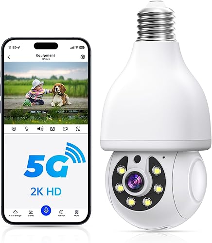 NoahTec Cámara de seguridad con bombilla de 2K - 5G y 2.4 GHz, cámaras de seguridad WiFi inalámbricas, detección de movimiento al aire libre, visión