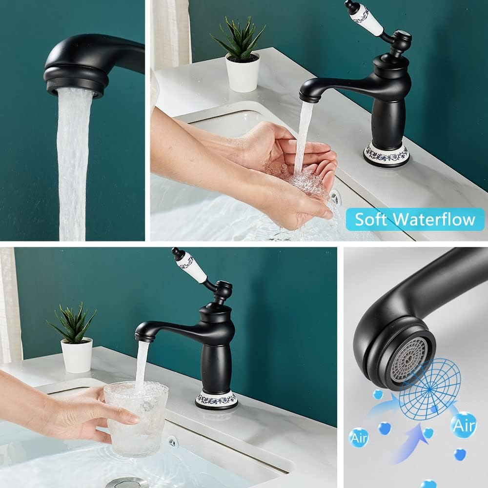 Maynosi Retro Bathroom Basin Mixer Tap, Luxury Victorian Mixer Taps with Floral Ceramic Handle - Image 4