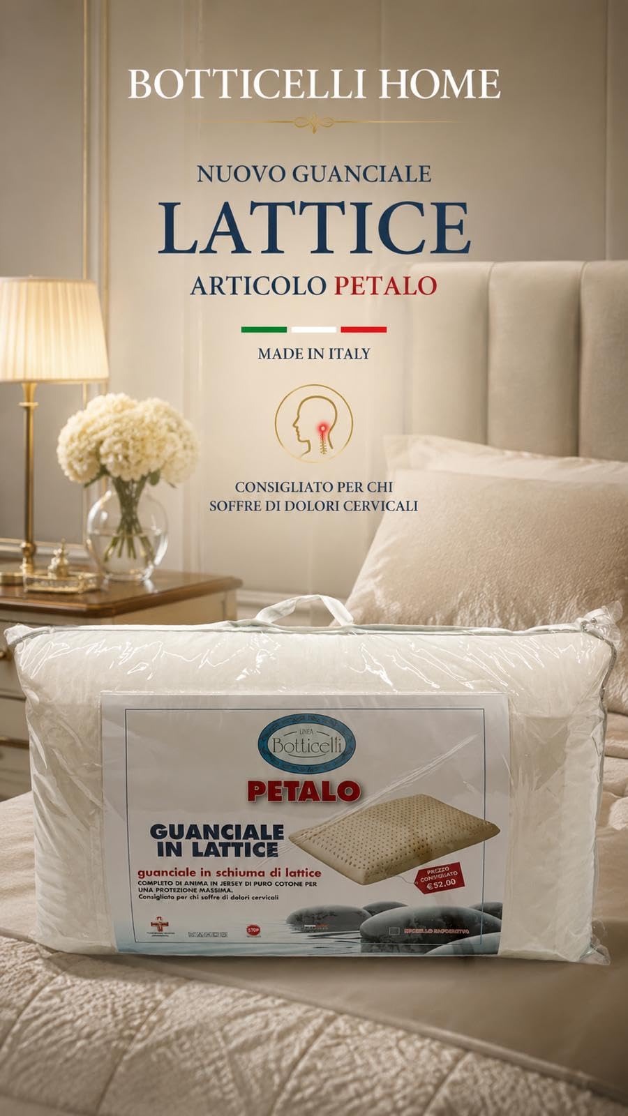 Generico Guanciale Lattice Botticelli Home Art. Petalo Made in Italy | Ergonomico per Dolori Cervicali in Schiuma di Lattice con Anima in Jersey di Puro Cotone