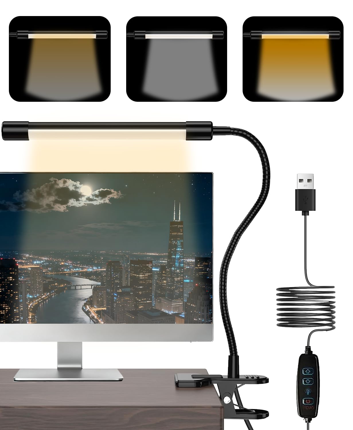 JHD LED Desk Lamp with Clamp - Adjustable 3 Color Modes 10 Brightness Level Table Lamp, USB Eye Caring Flexible Gooseneck Desk Light for Home Office, Dorm Room, Reading, Nail, Clip On Light, Black