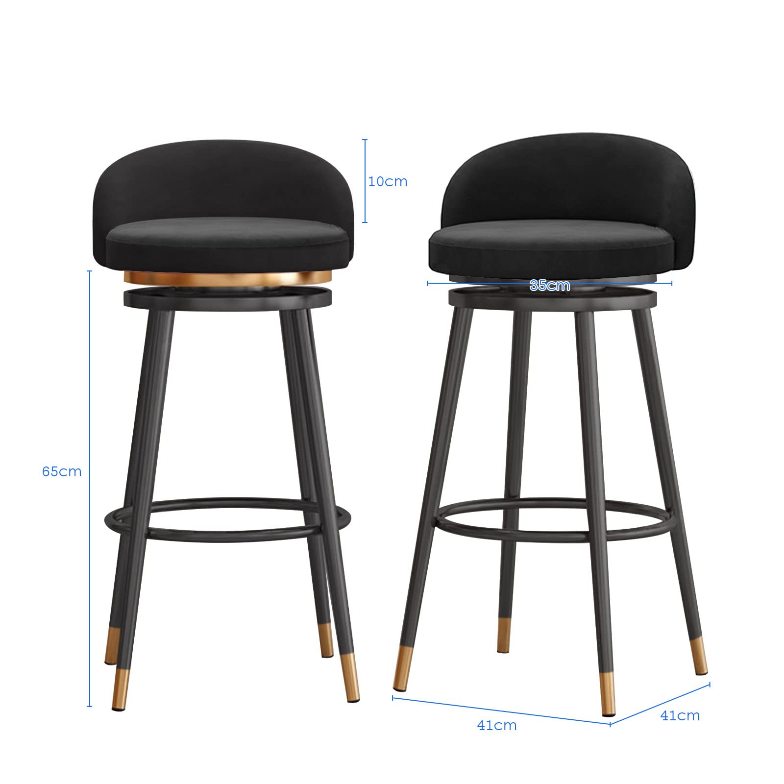 Set Di 2 Sgabelli Da Bar In Velluto Verde, Seduta Girevole 360°, Gambe In Metallo Oro, Altezza Sedile 65 Cm, Perfetti Per Cucina E Banco, Portata 206 Kg